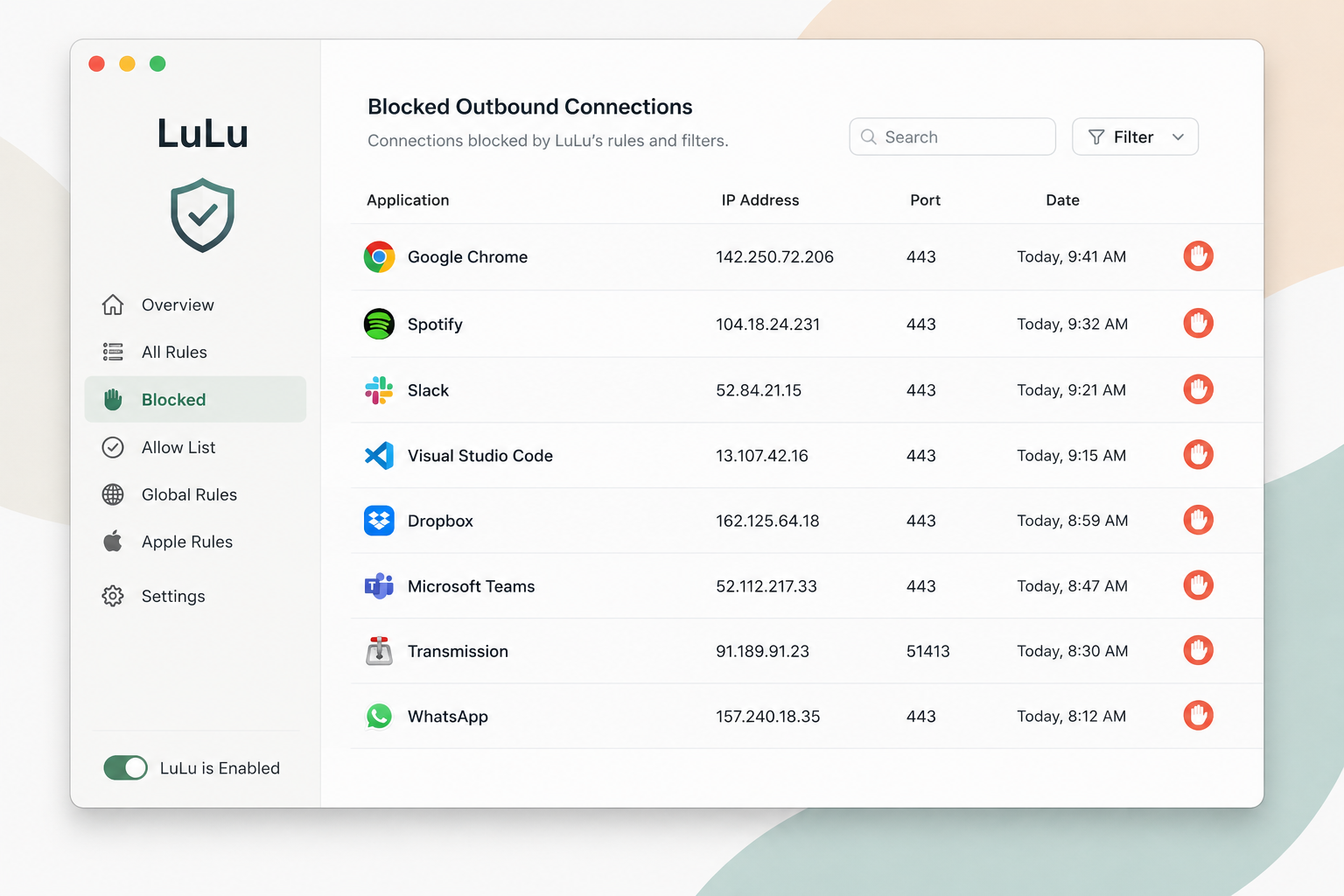 LuLu firewall interface showing blocked connections list