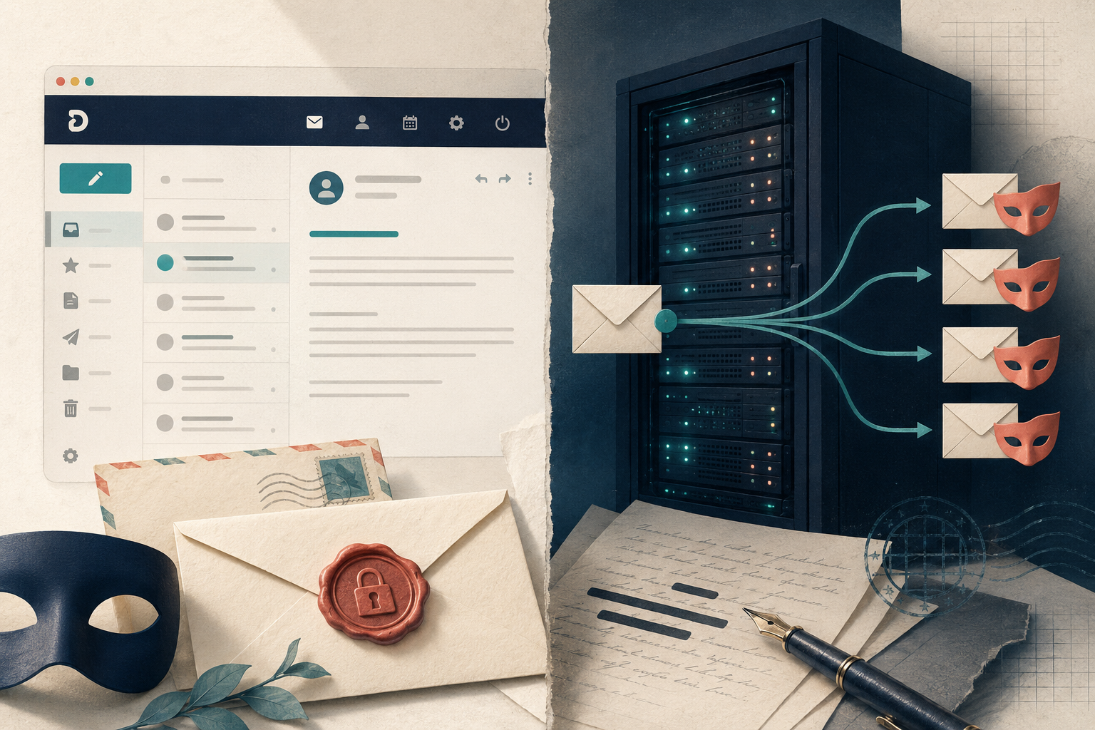 Disroot RainLoop webmail interface next to server hardware