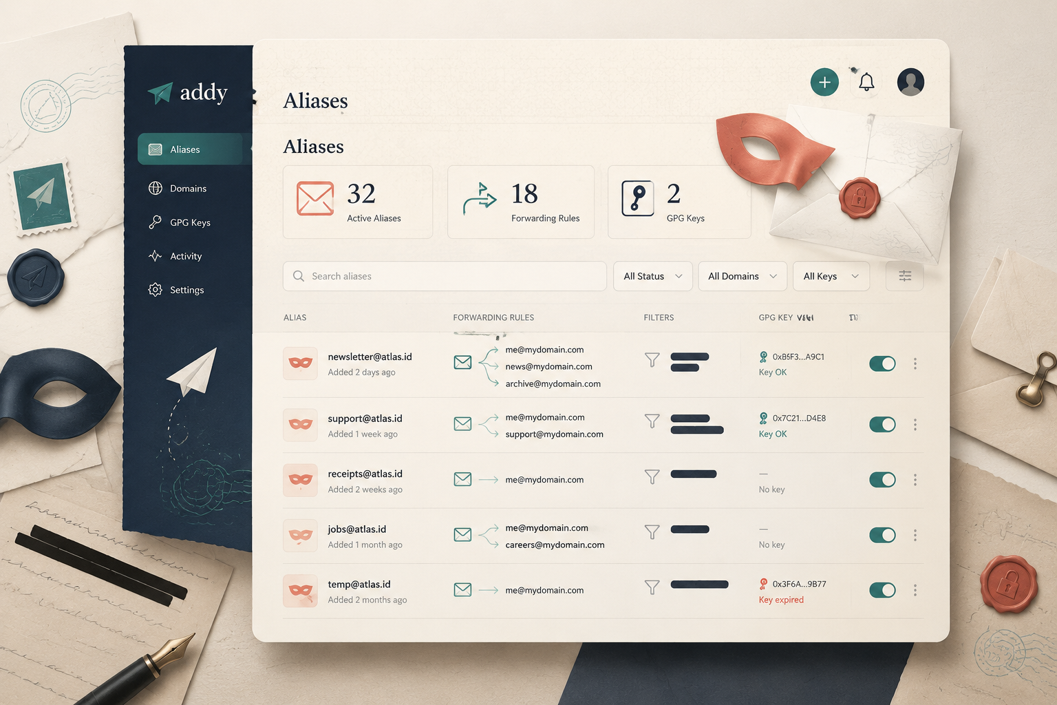 addy.io dashboard with alias management interface
