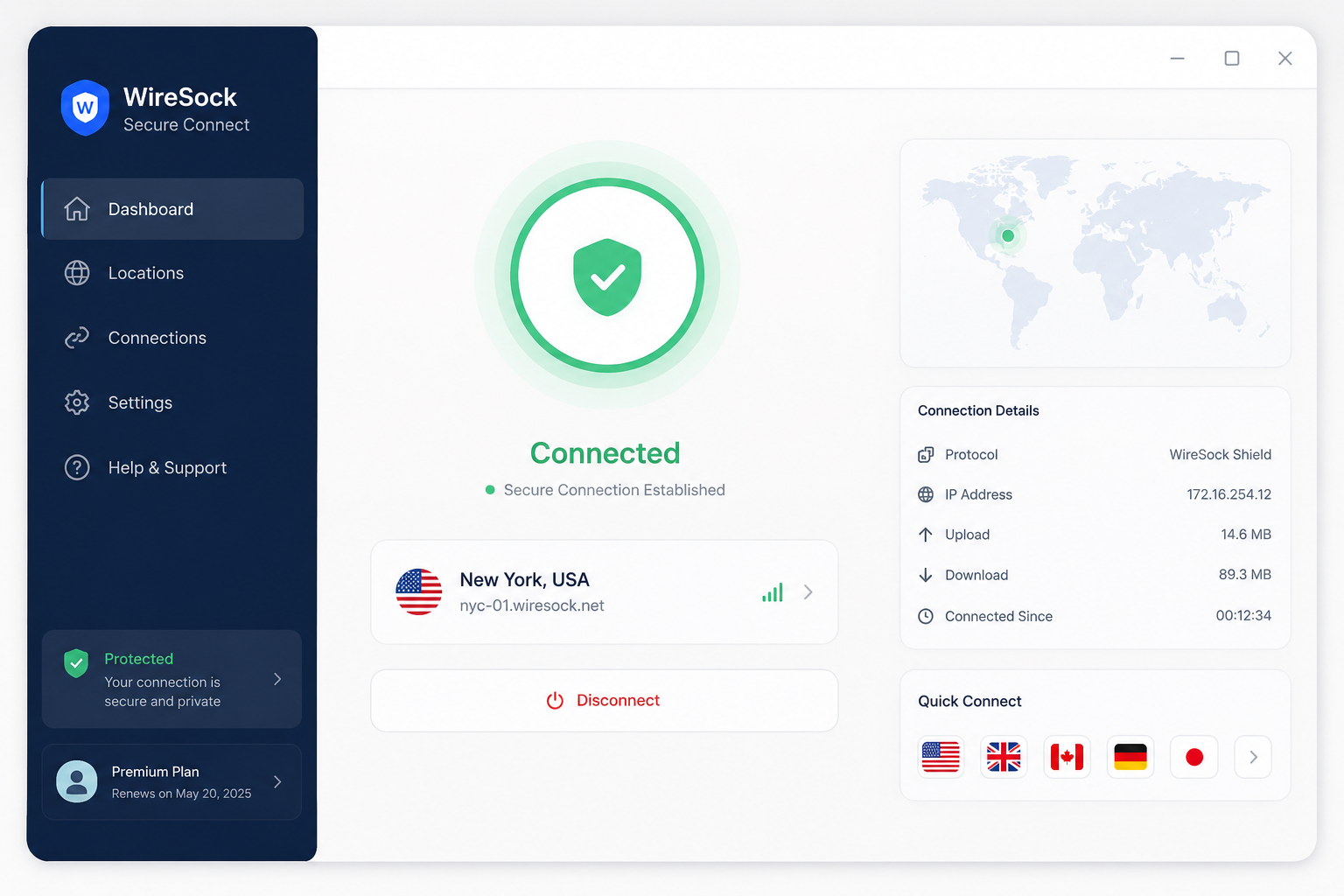 WireSock Secure Connect software interface mockup, clean UI