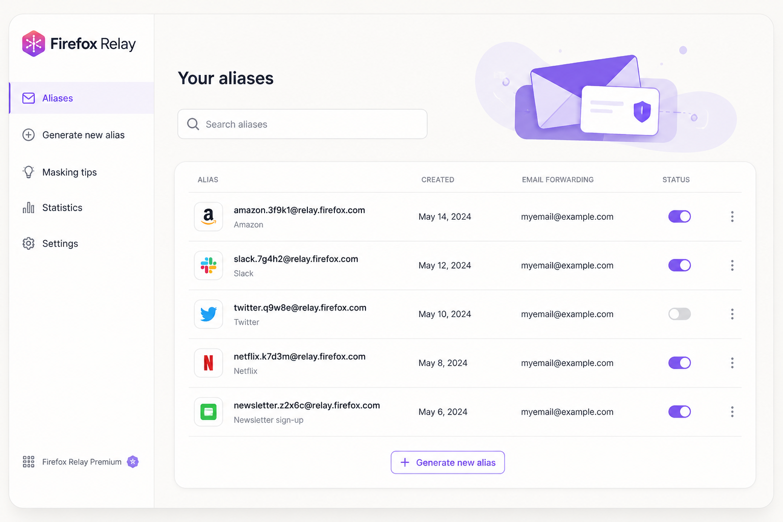Firefox Relay dashboard with alias list and reply options