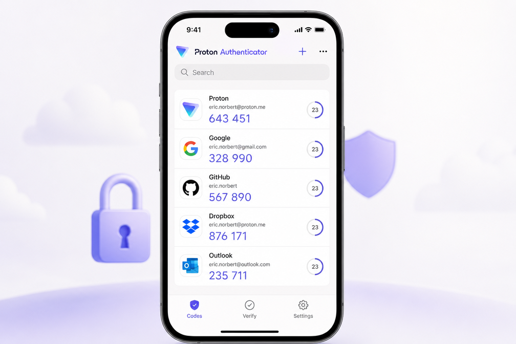 Proton Authenticator app interface showing 2FA codes