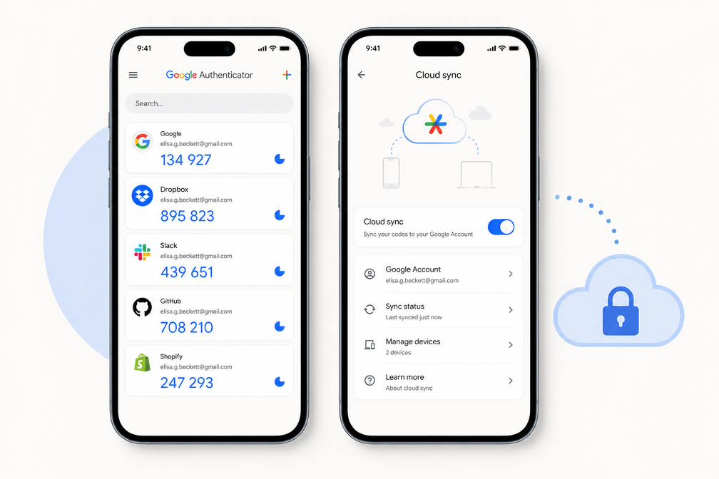 Google Authenticator app screen with TOTP codes and cloud backup toggle