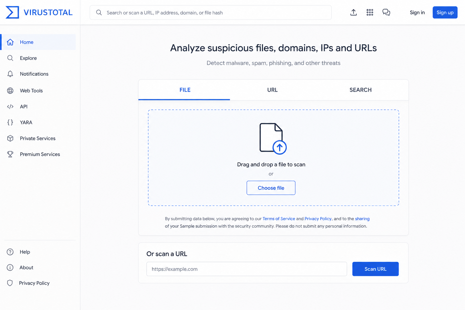 VirusTotal file upload interface