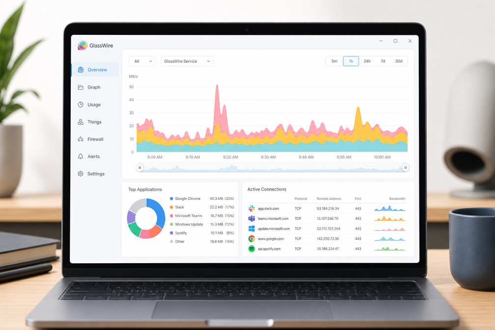 GlassWire main interface with network activity graph and connection list