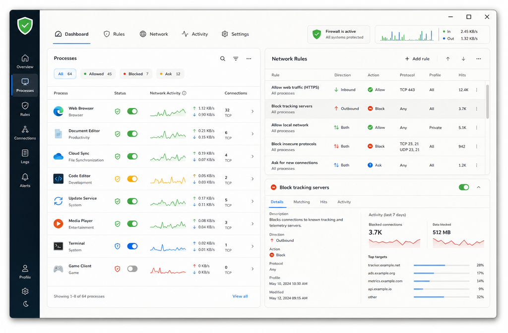 Simplewall main interface with process list and network rules