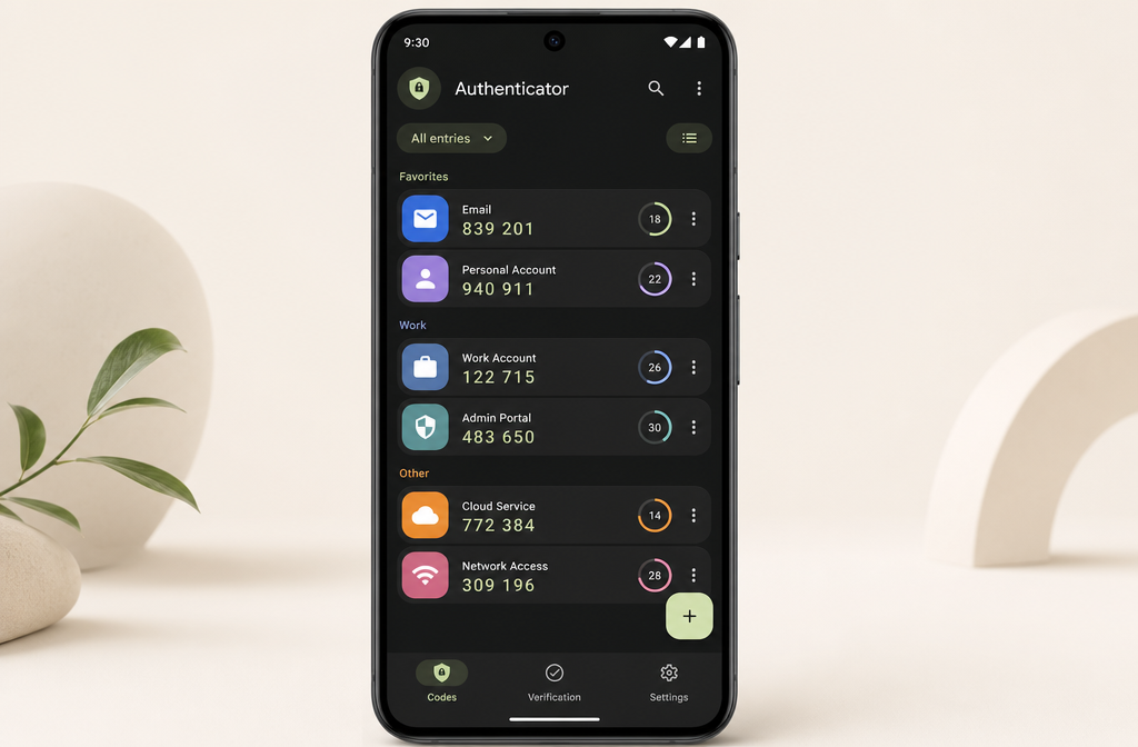 Aegis Authenticator token list showing categorized 2FA entries and dark mode