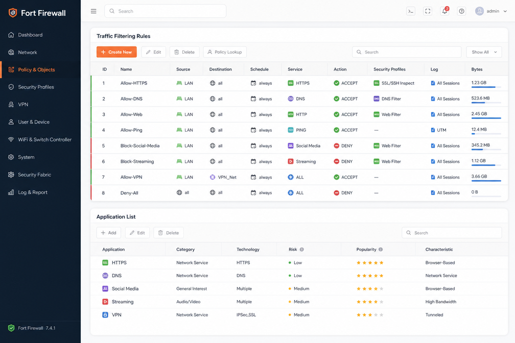 Fort Firewall main interface with application filtering rules