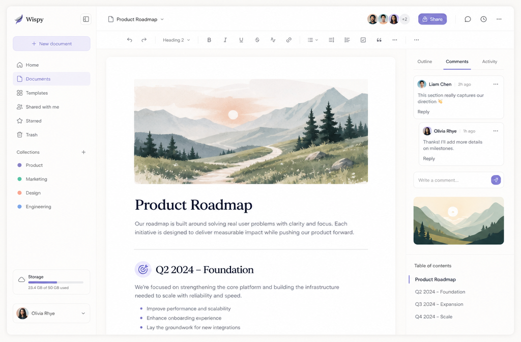 Wispy Docs software interface mockup, clean UI