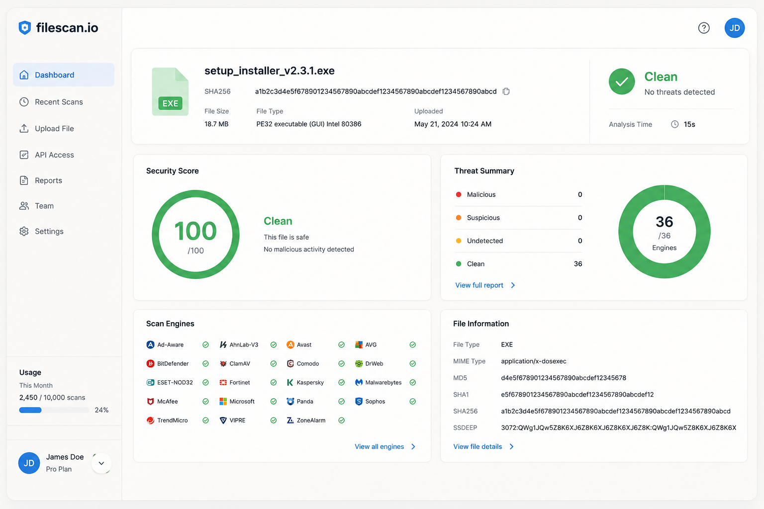 Filescan.io analysis report showing 15-second scan completion