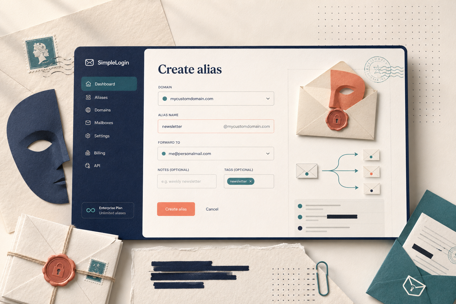 SimpleLogin alias creation dashboard with domain selector