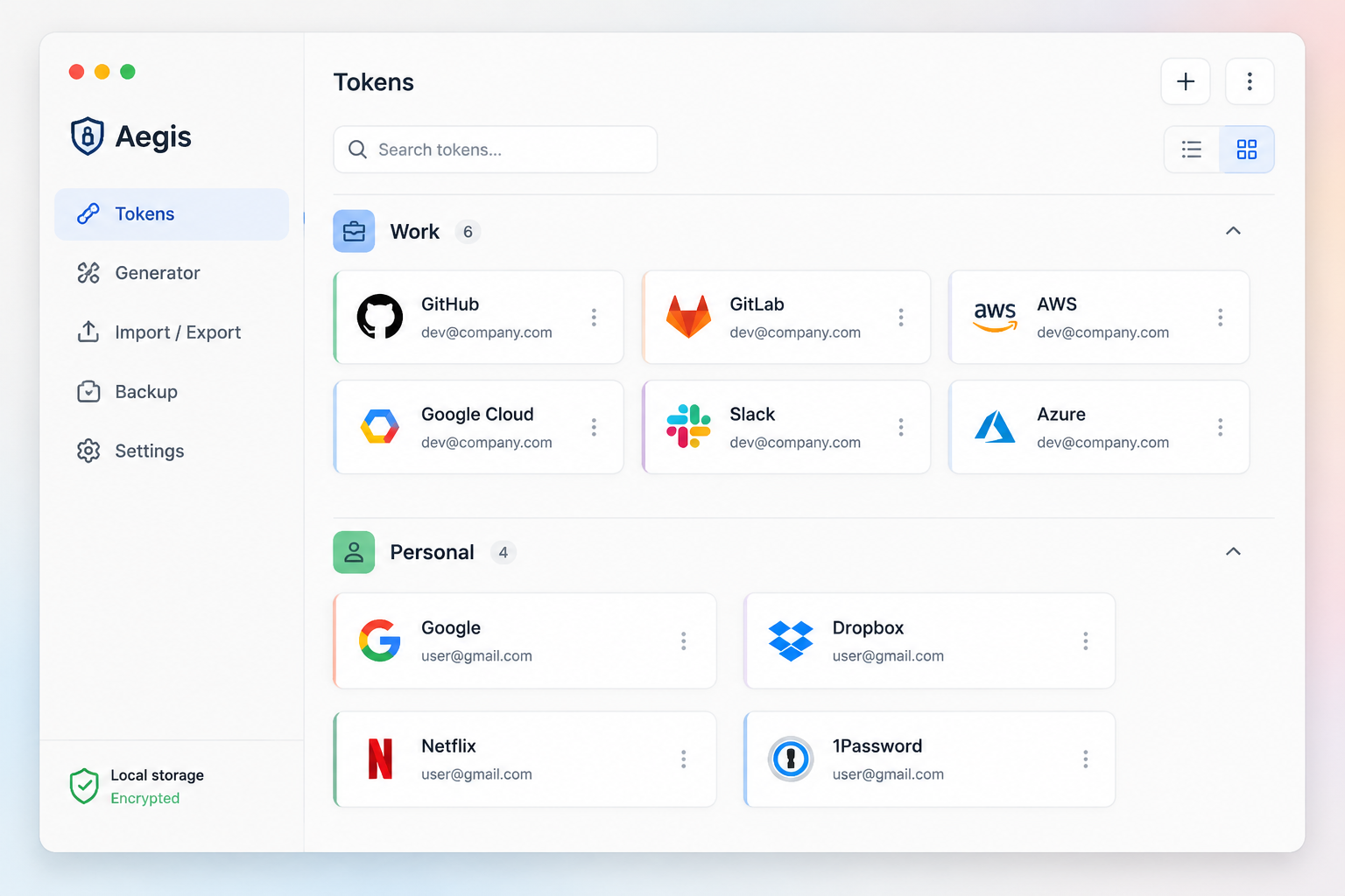 Aegis Authenticator token list with categories and tiles view