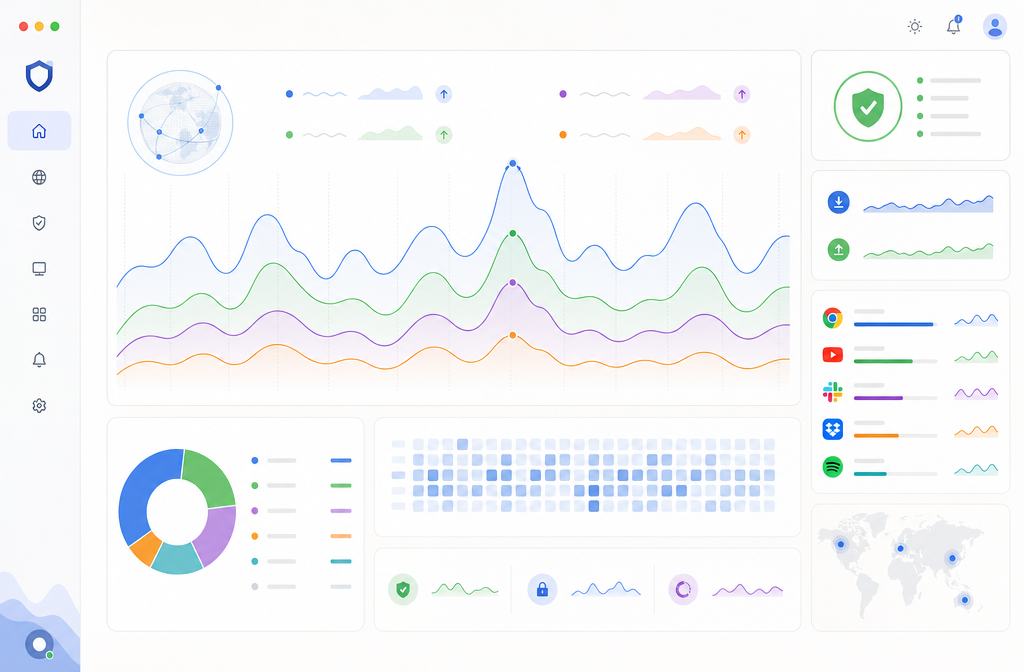 GlassWire main dashboard with network activity graph