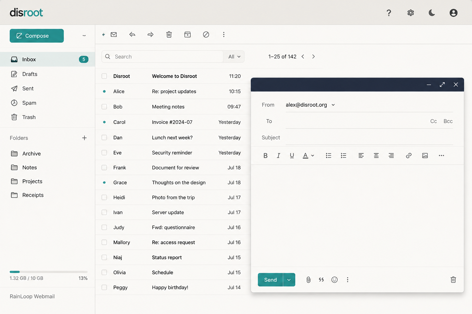 Disroot RainLoop webmail interface