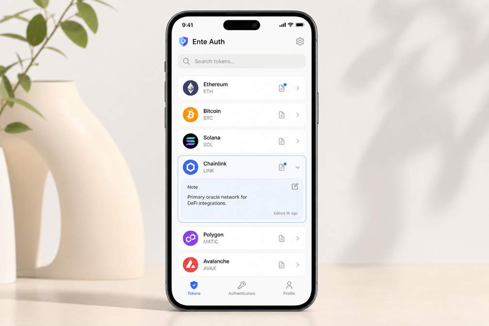 Ente Auth mobile app showing token list with service icons, search bar, and note field for a GitHub entry