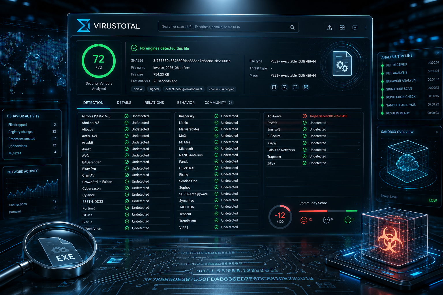 VirusTotal scan results dashboard showing detection ratios and community comments