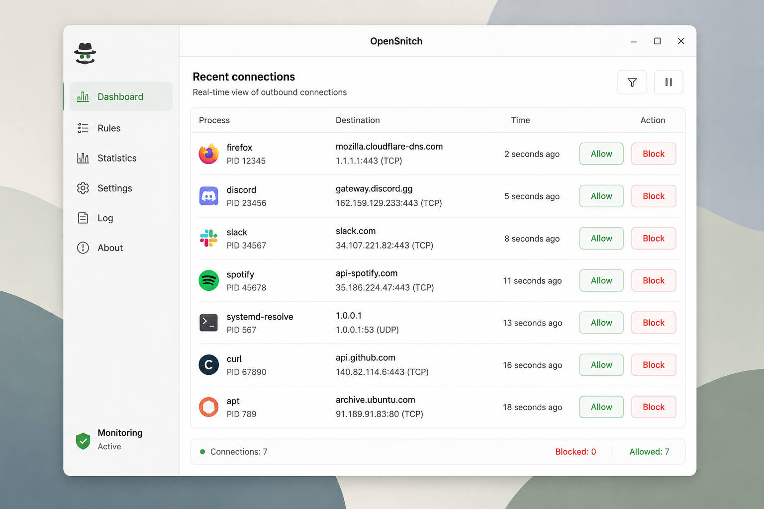 OpenSnitch main interface showing outbound connection prompts and rule management