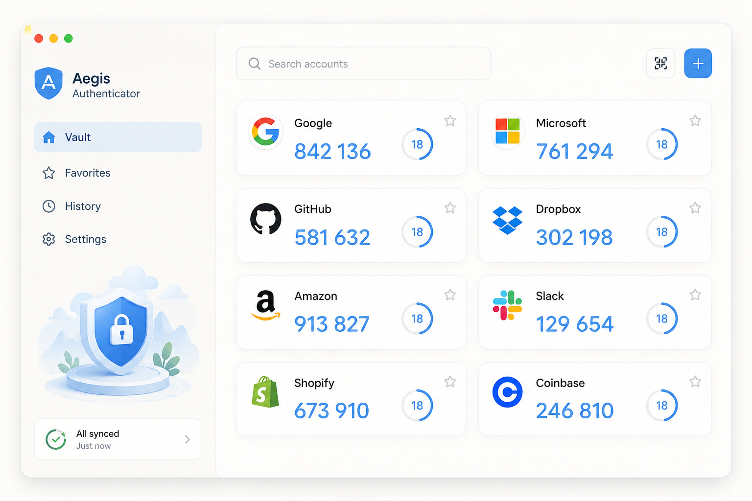 Aegis Authenticator software interface mockup, clean UI