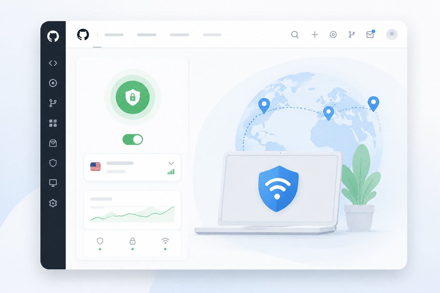 VPN Hotspot GitHub software interface mockup, clean UI