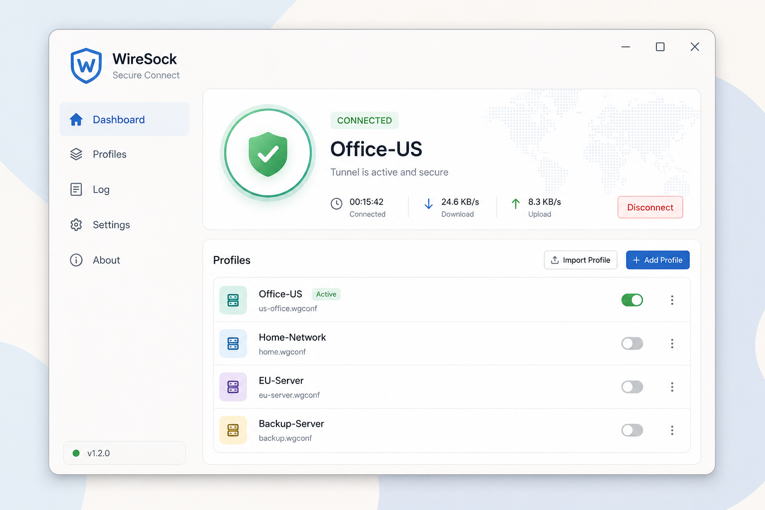 WireSock Secure Connect interface with connected profile