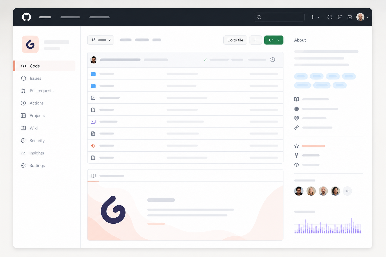 Gluetun GitHub repo software interface mockup, clean UI