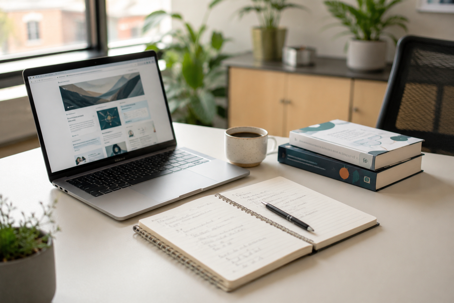 A reviewer's workstation at Top5soft with notes, laptop, and reference books