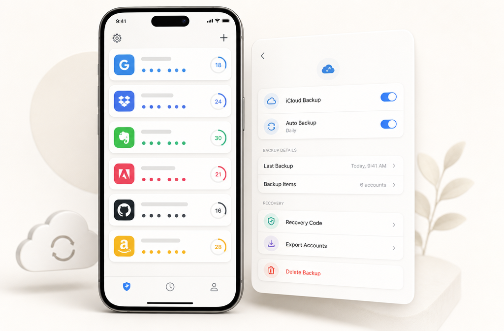 2FAS Authenticator main screen with token list and backup options