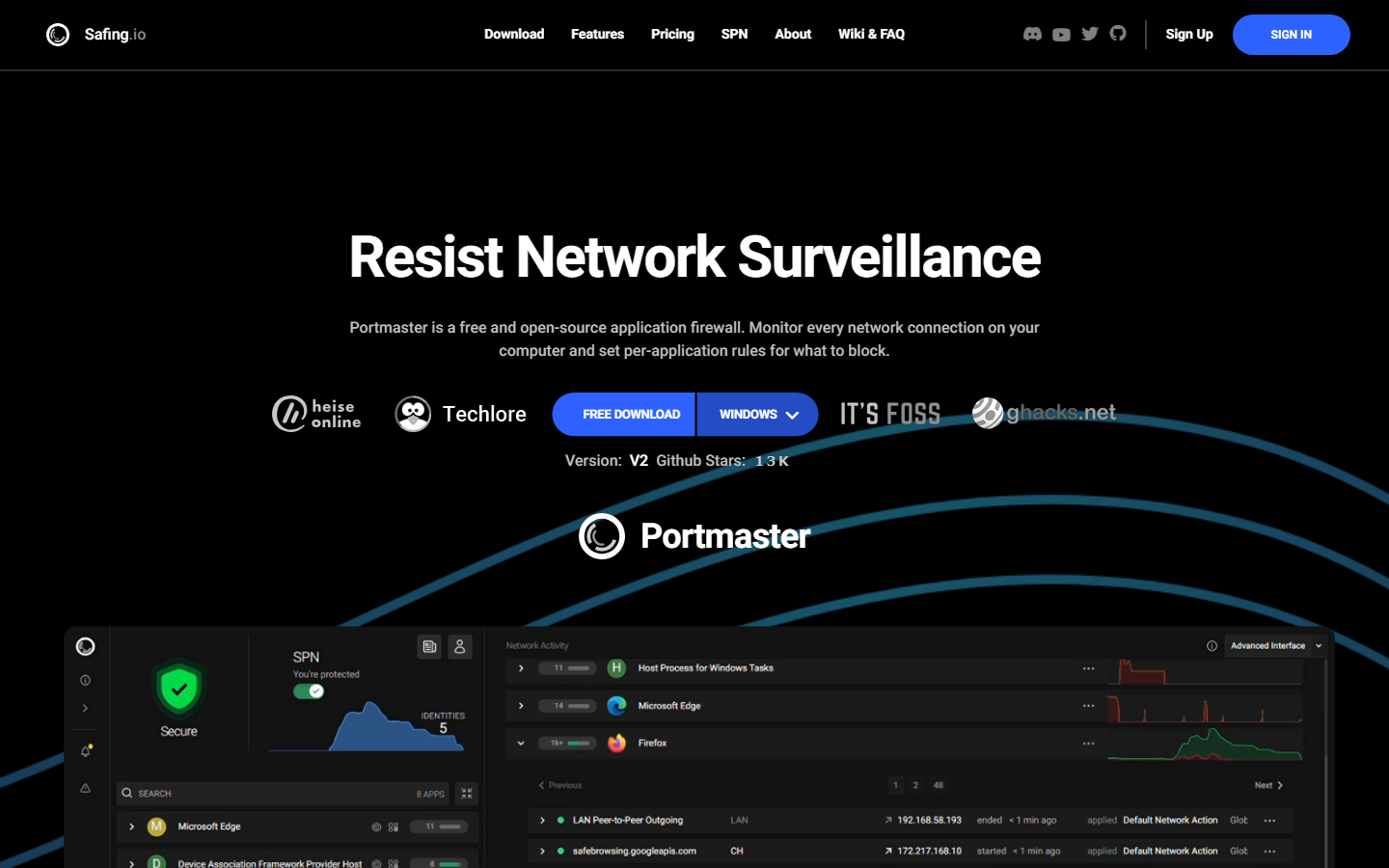 Portmaster application firewall interface with per-app controls and live traffic data