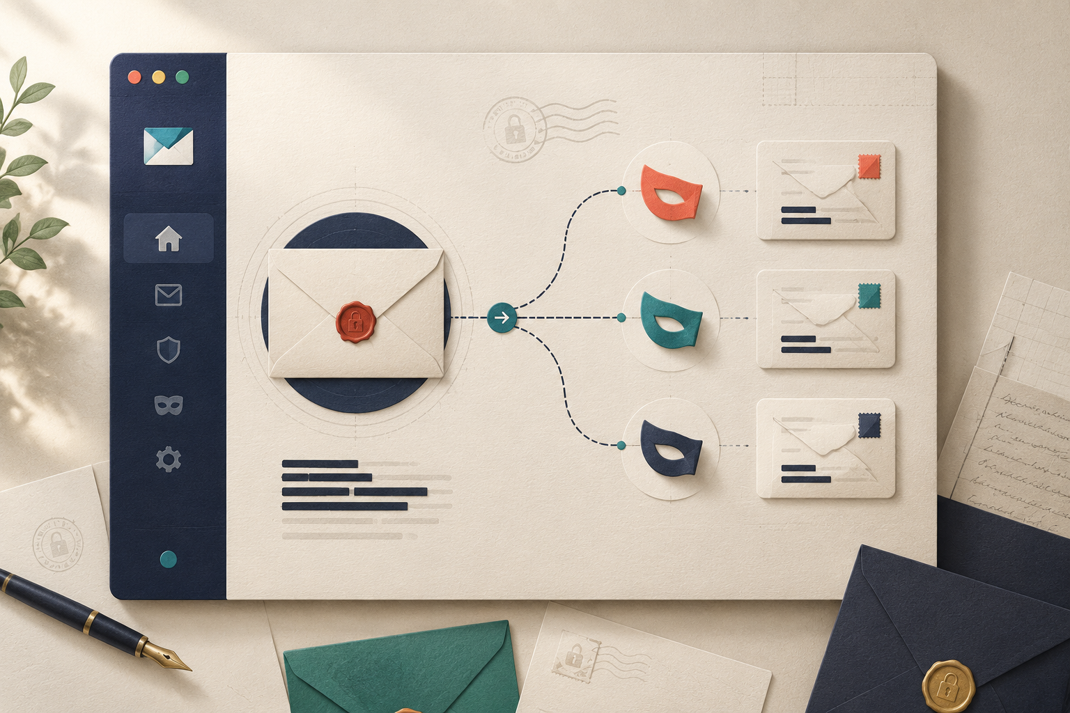 Proton Mail Bridge software interface mockup, clean UI