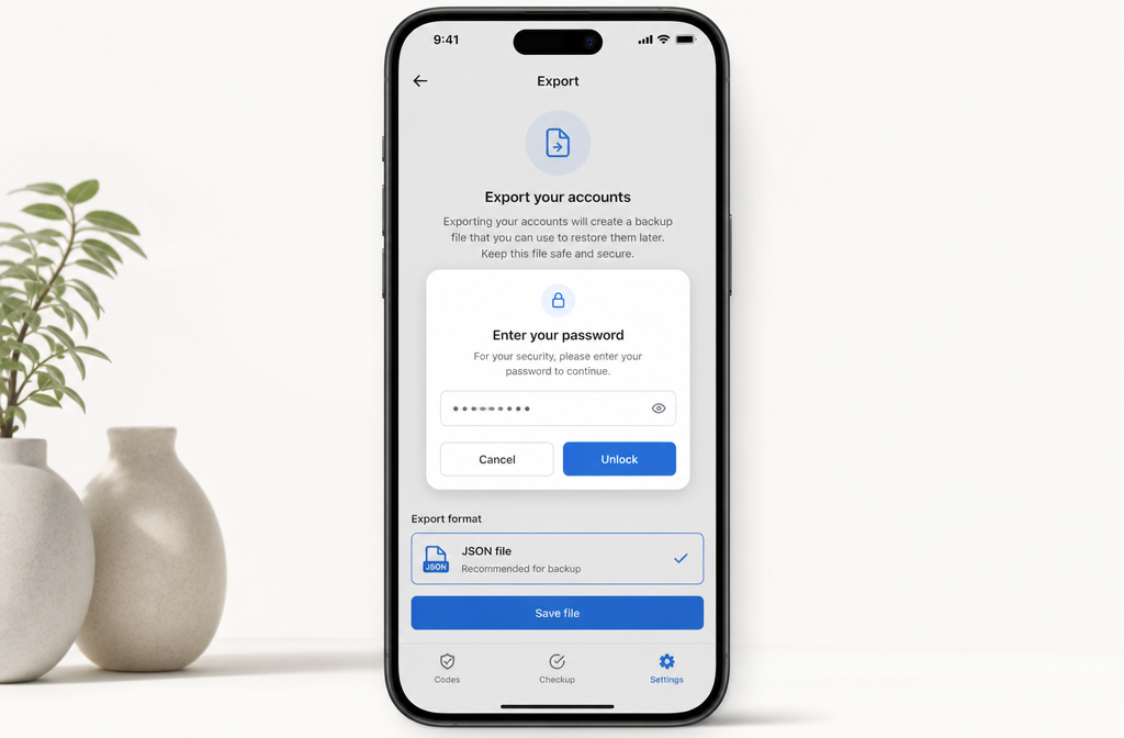FreeOTP+ encrypted export dialog