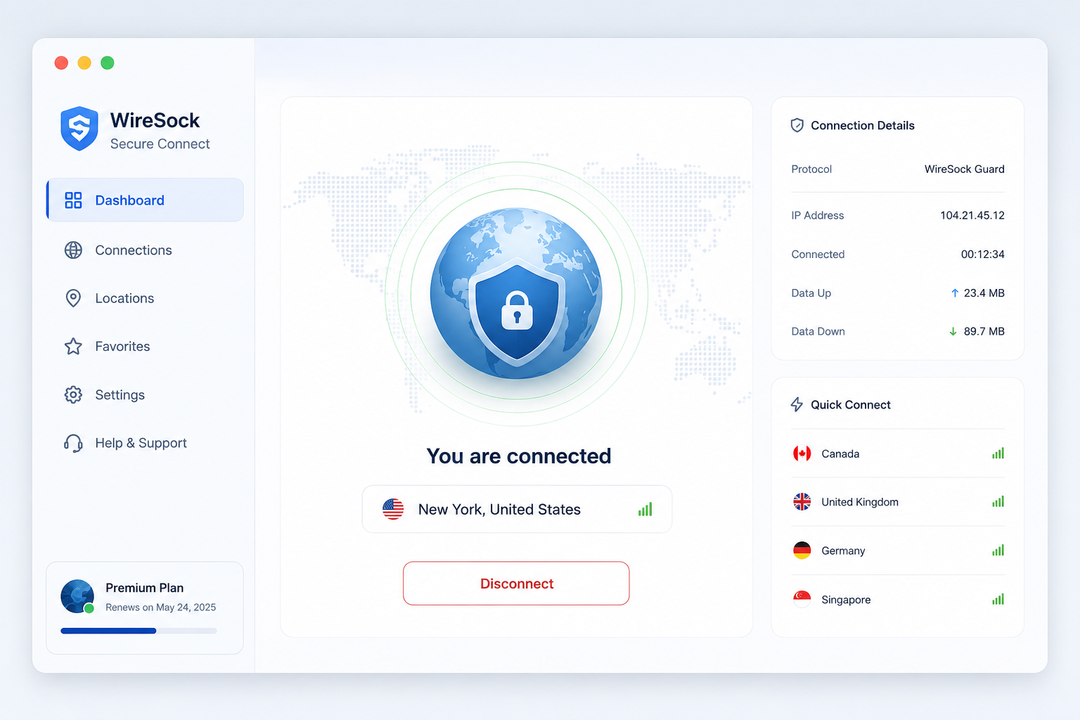 WireSock Secure Connect software interface mockup, clean UI