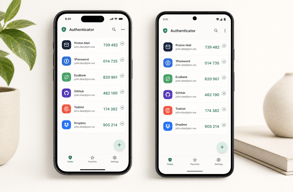 Proton Authenticator encrypted sync across two devices showing matching TOTP codes