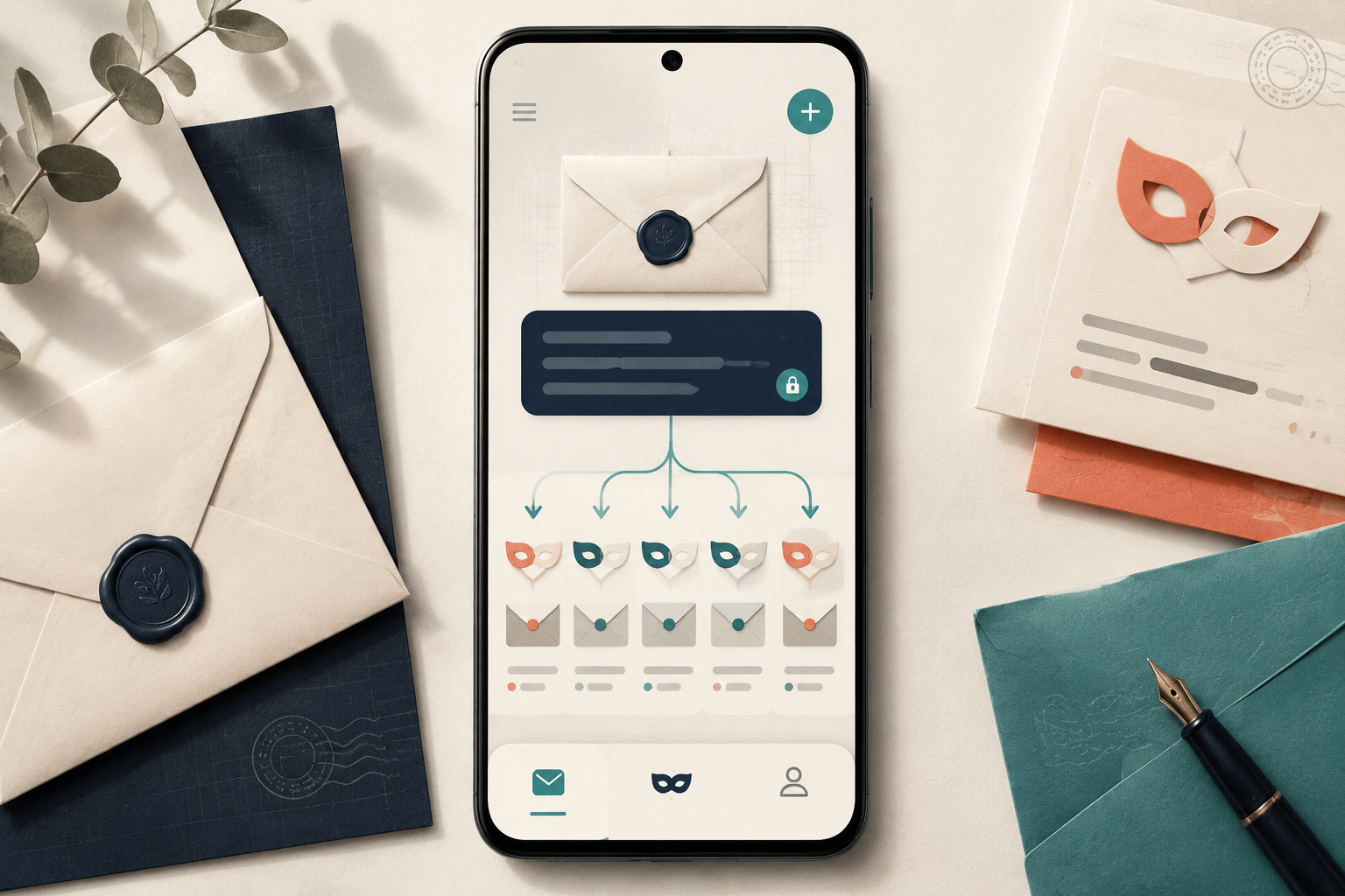 Tuta Android app software interface mockup, clean UI