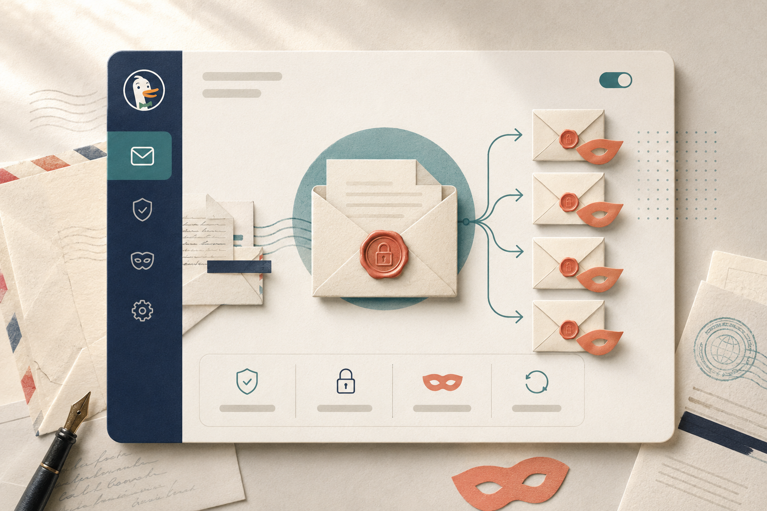 DuckDuckGo browser extension software interface mockup, clean UI