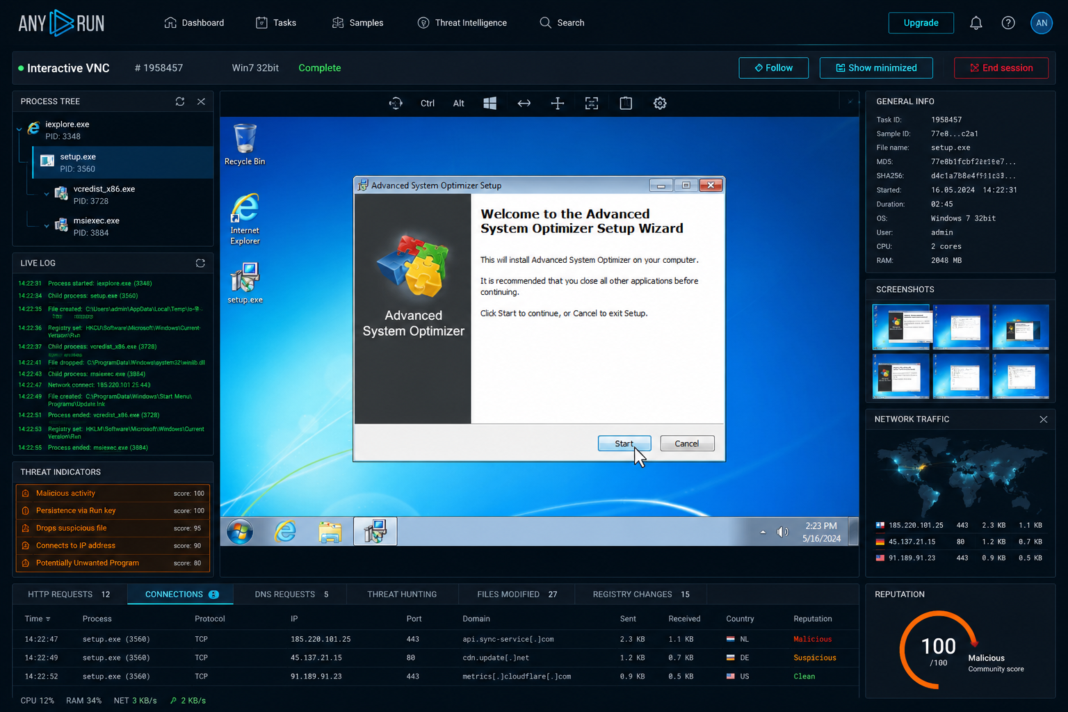 ANY.RUN interactive VNC sandbox session with user clicking malware installer