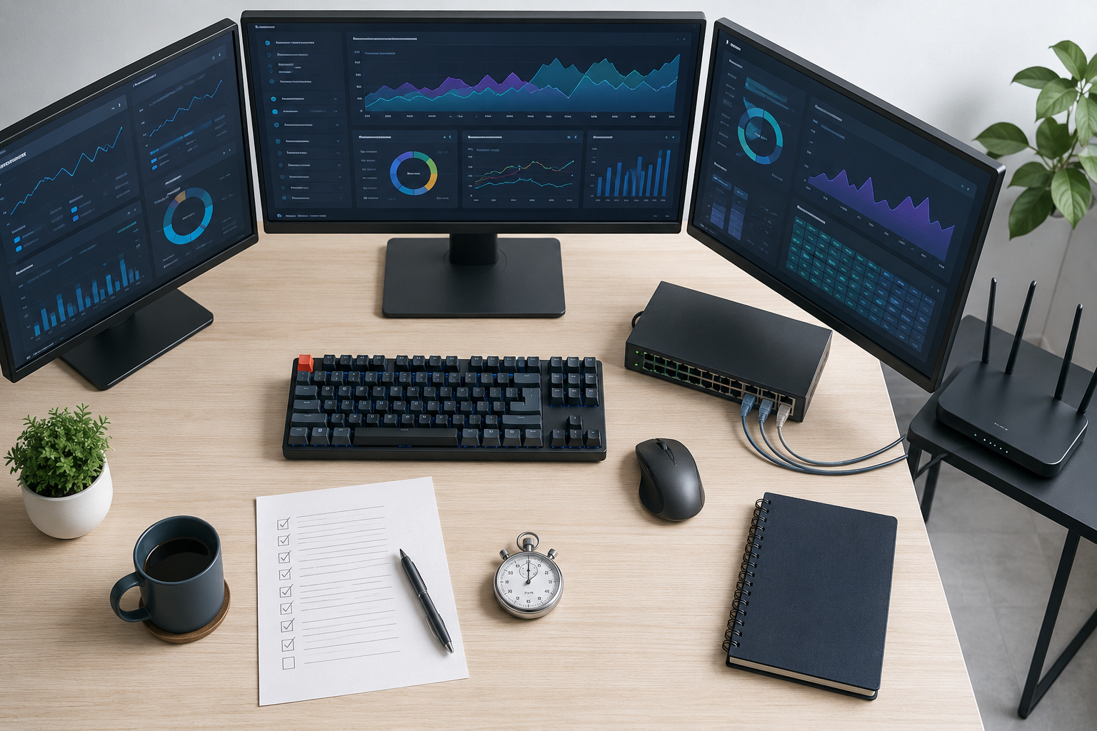 Software testing setup with multiple monitors showing benchmark applications