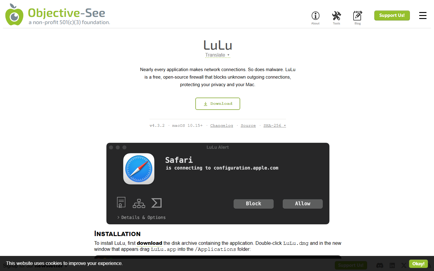 LuLu Network Monitor interface showing active outbound connections and certificate pinning options