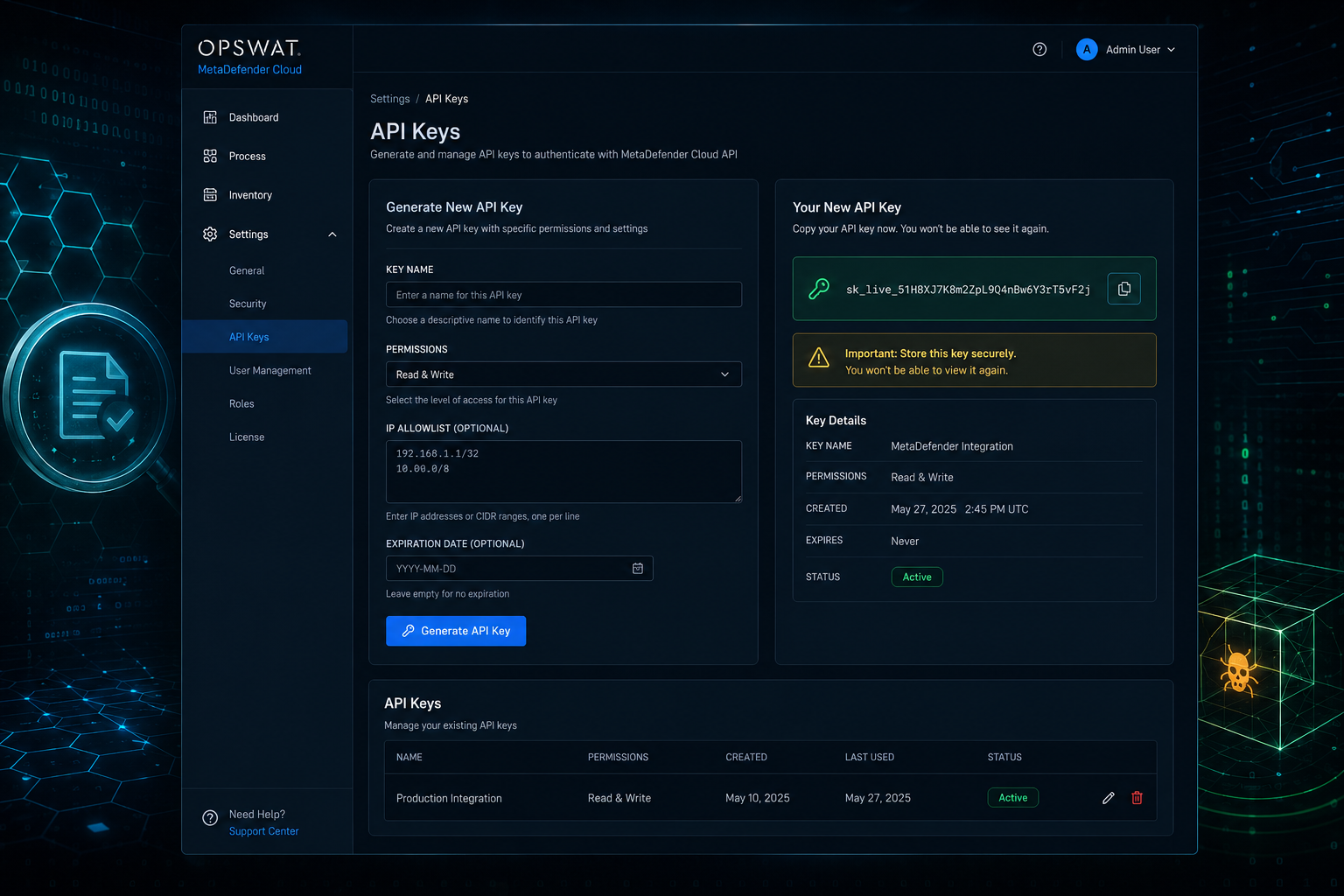 MetaDefender Cloud API key creation interface