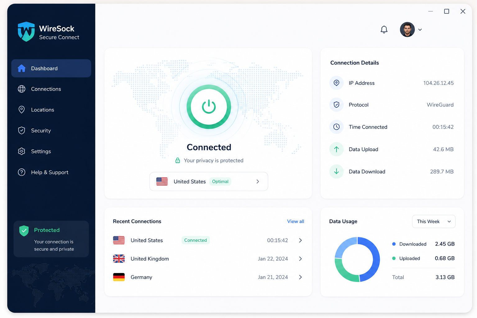 WireSock Secure Connect software interface mockup, clean UI