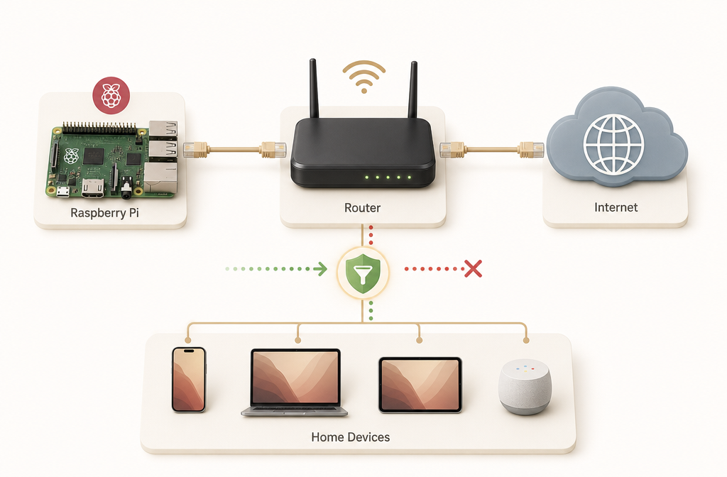 Pi-hole DNS server running on Raspberry Pi with network diagram