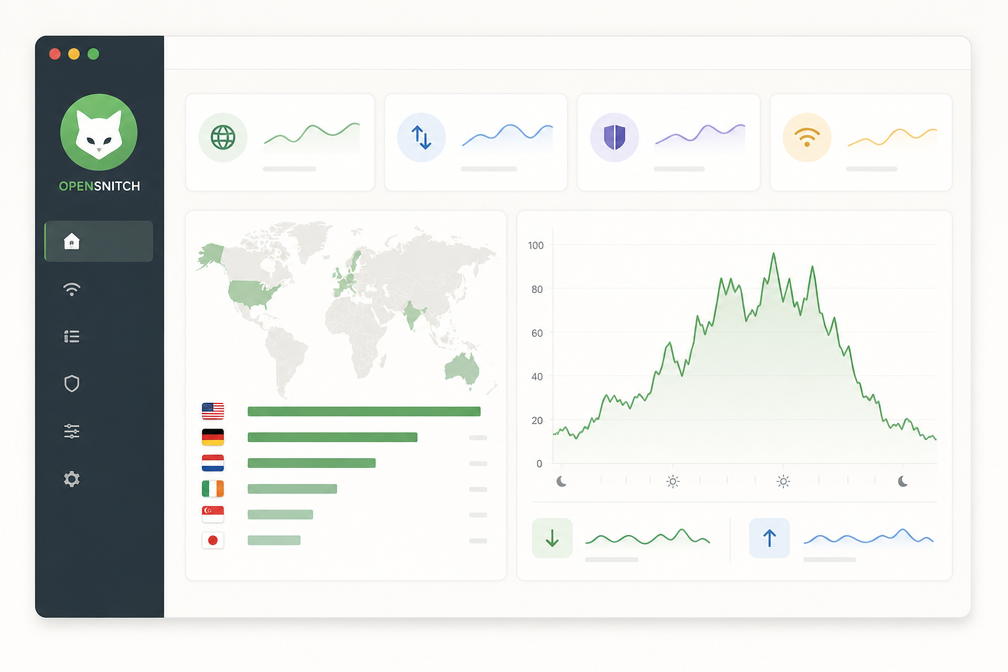 OpenSnitch statistics dashboard with traffic graphs and top destinations