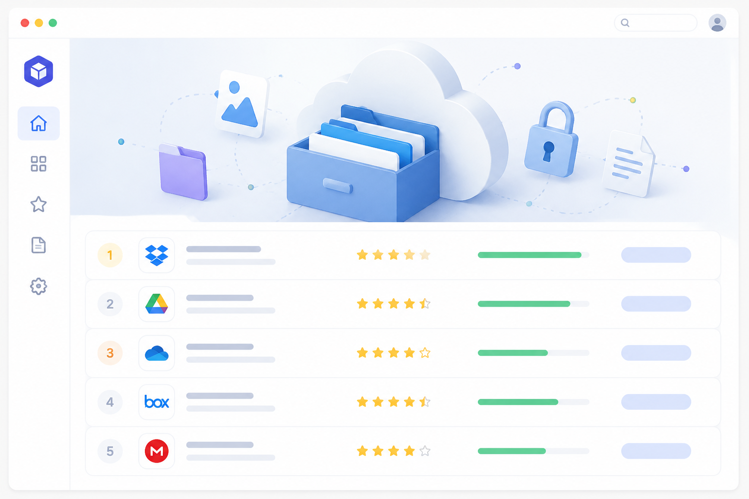 top5soft storage page software interface mockup, clean UI