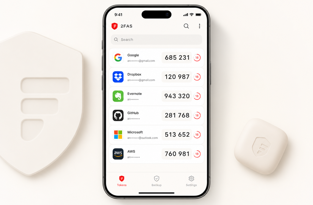 2FAS Authenticator app main screen with TOTP codes