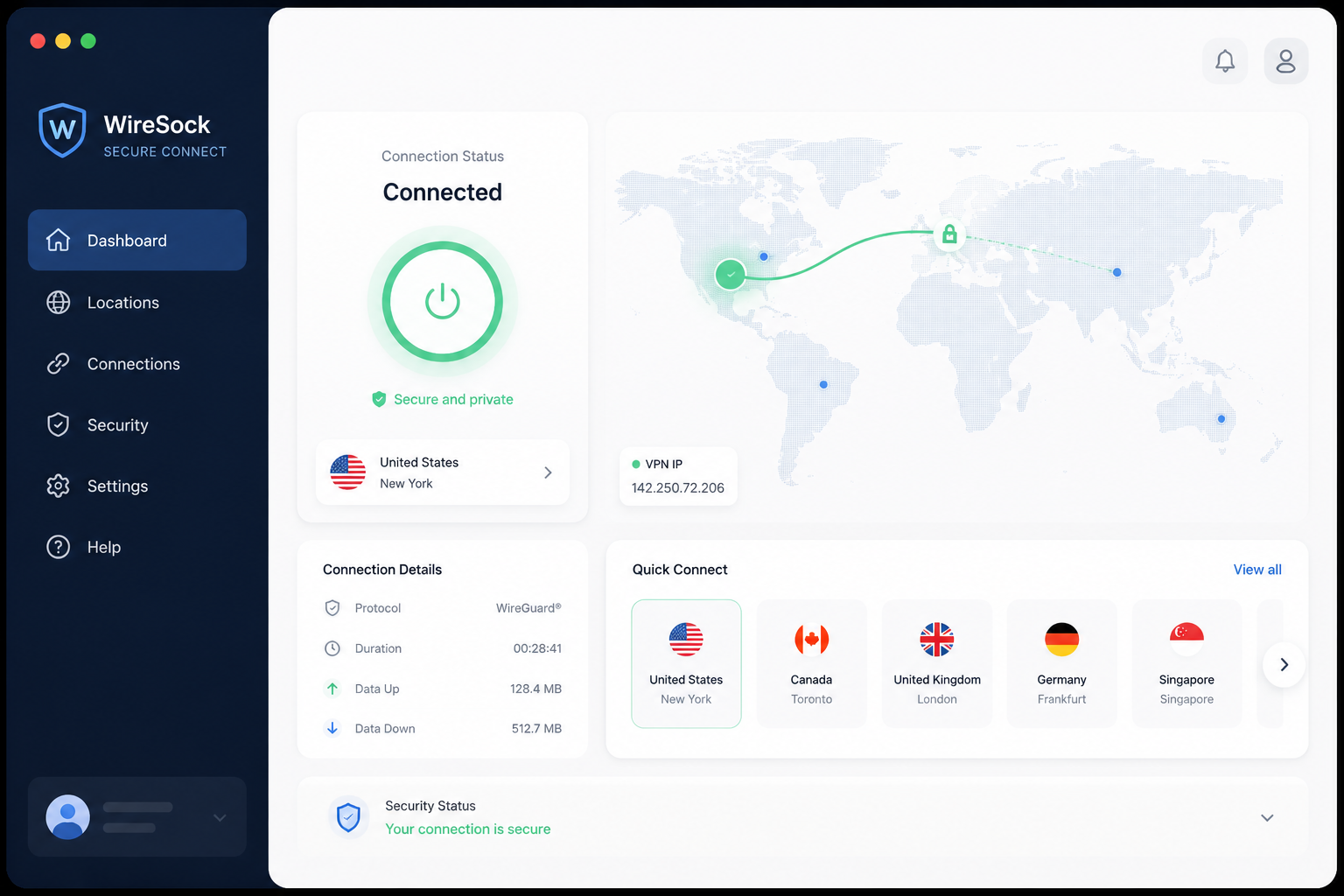 WireSock Secure Connect software interface mockup, clean UI