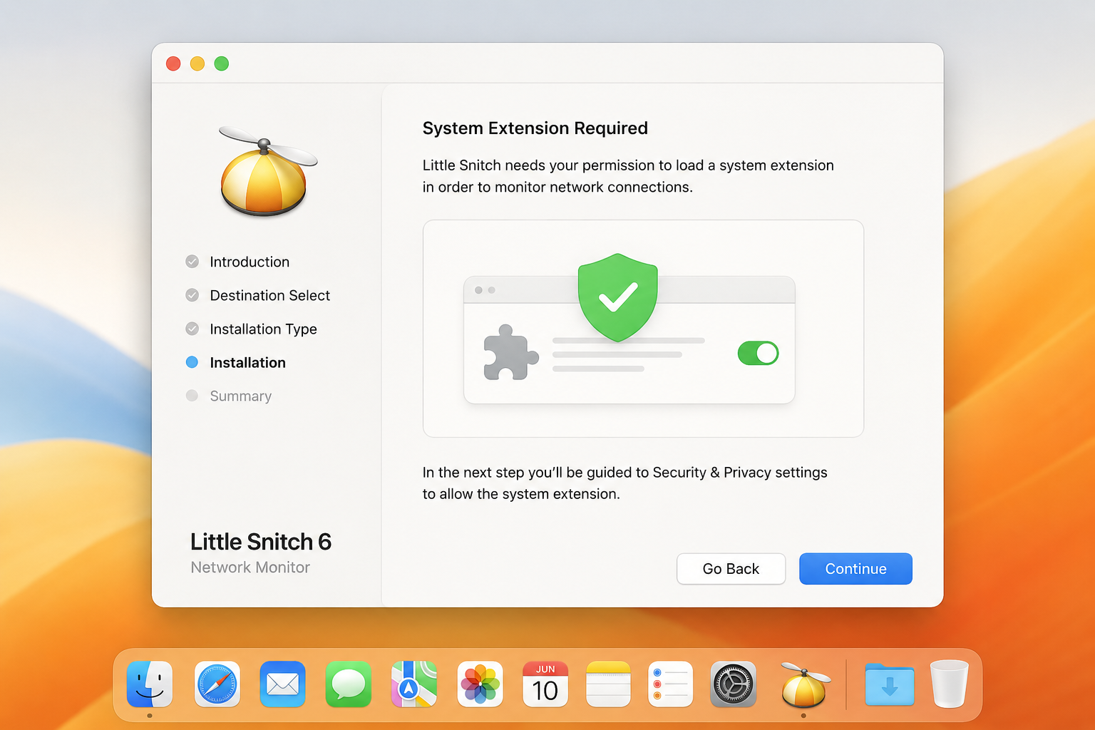 Little Snitch 6 installation screen with permission prompt
