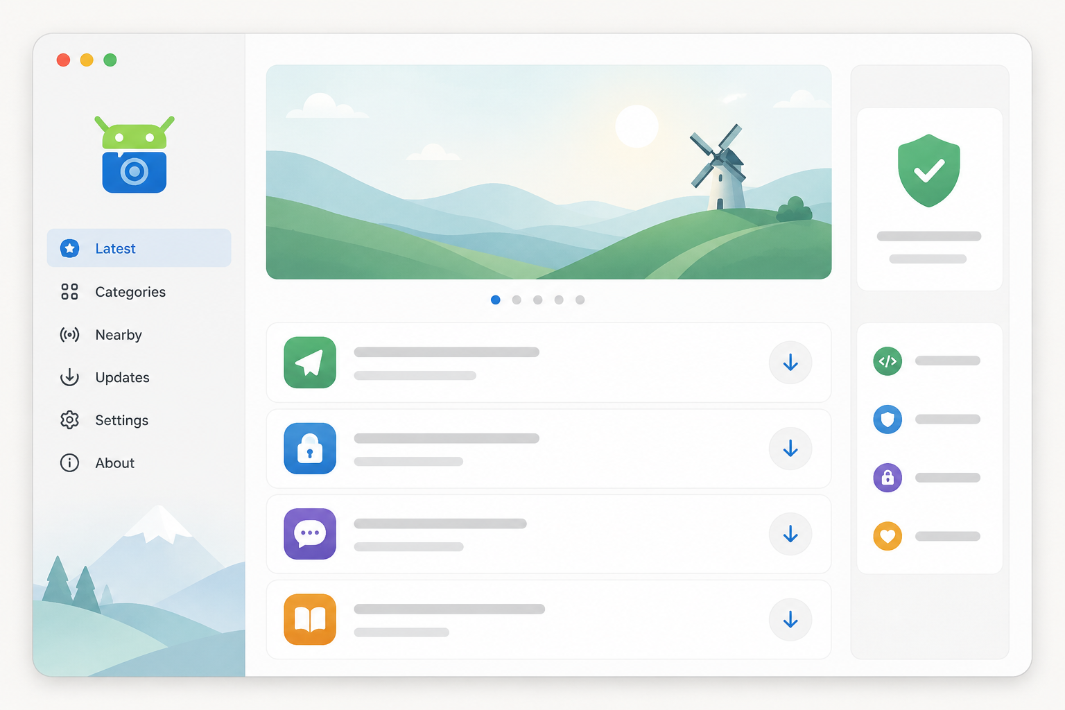 F-Droid software interface mockup, clean UI