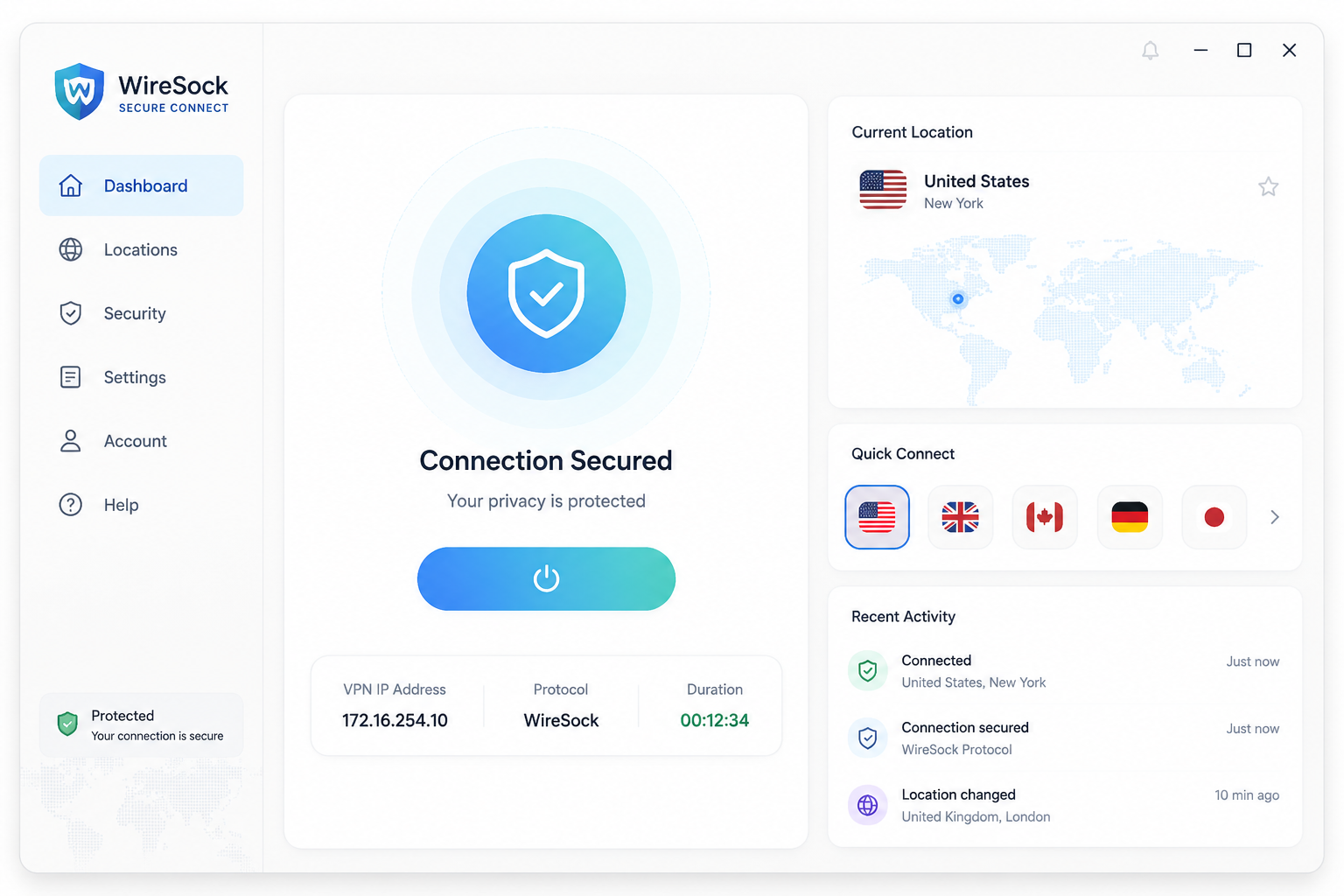 WireSock Secure Connect software interface mockup, clean UI