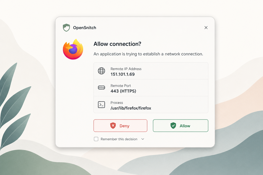 OpenSnitch connection prompt showing Firefox trying to connect to 8.8.8.8:443