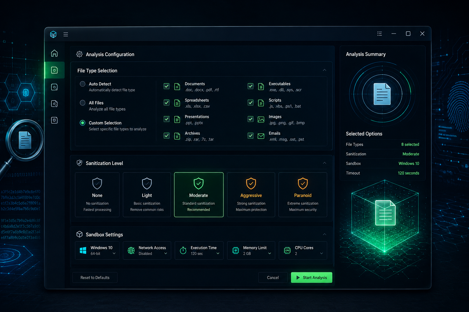 Deep CDR settings panel for file sanitization